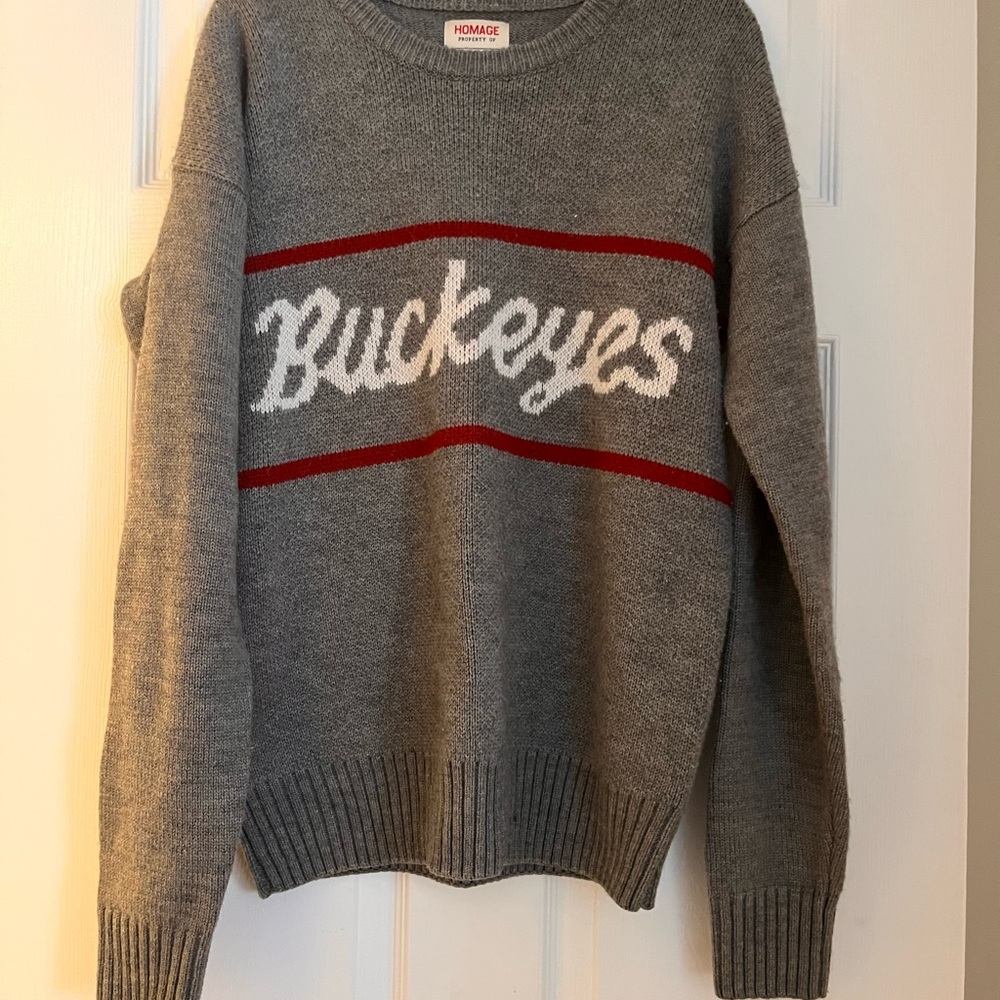 HOMAGE Gray Buckeyes Knit Sweater with Red Accent